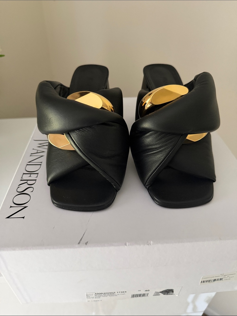 JW ANDERSON Black Leather Knotted Slide Sandals with Gold Disc